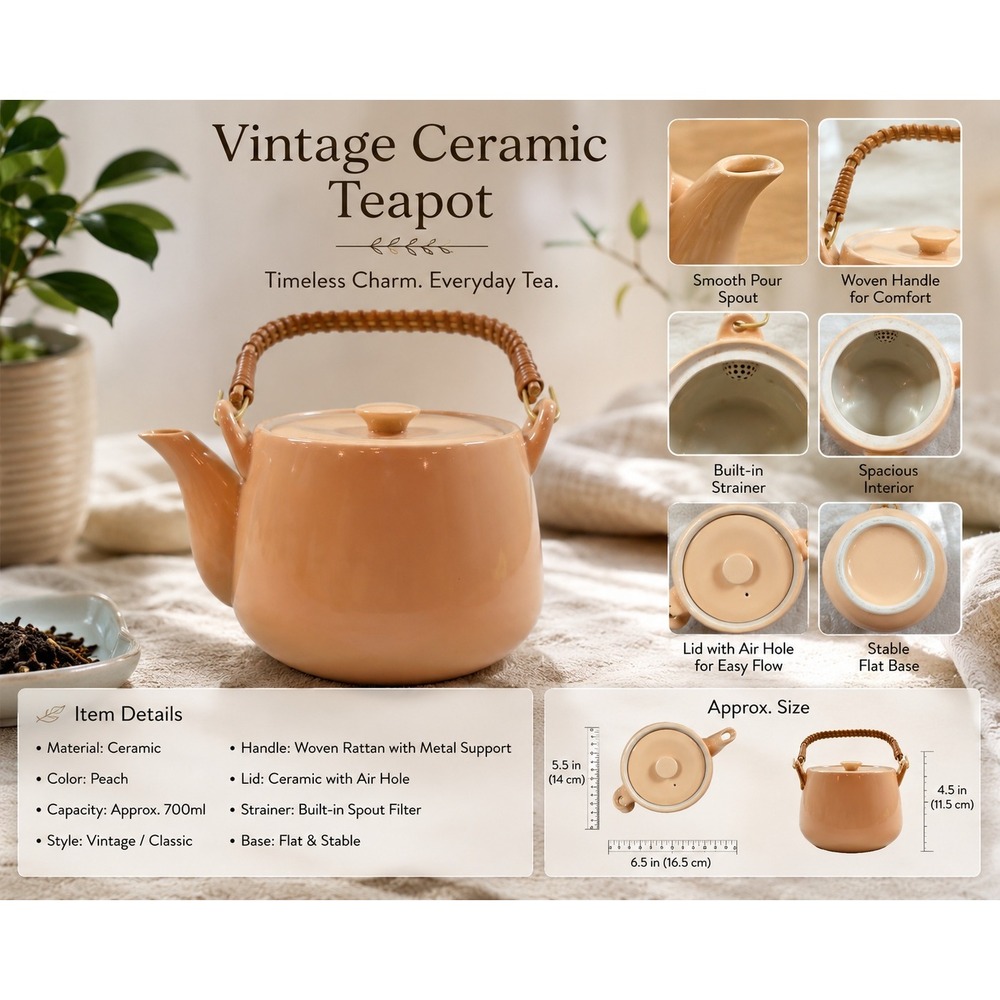 Vintage Peach Ceramic Teapot with Woven Rattan Handle and Built-in Strainer